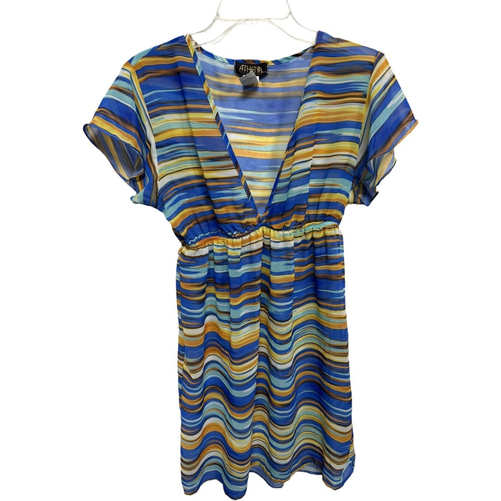 Athena Beach Cover Up Small Petite Blue Striped Swim Tunic Sheer Resort Wear